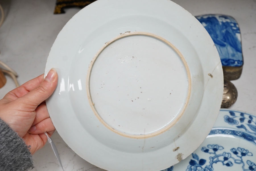 A group of Chinese blue and white porcelain and white metal, 18th century and later, 23cm